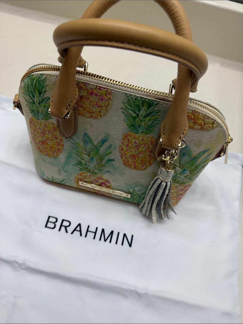Brahmin Pineapple Print Satchel in Tan and Cream with Tassel